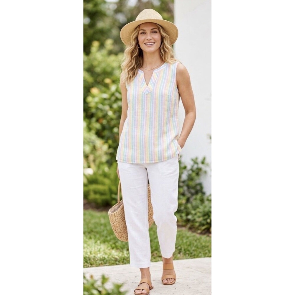 Talbots Women Sleeveless 100% Linen Tank Top Shirt Size XS Stripes Pastel Colors